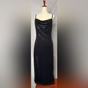 bebe Black Gatsby Style Sequin Cowl Neck Maxi Dress - Side Slit - Medium - EUC